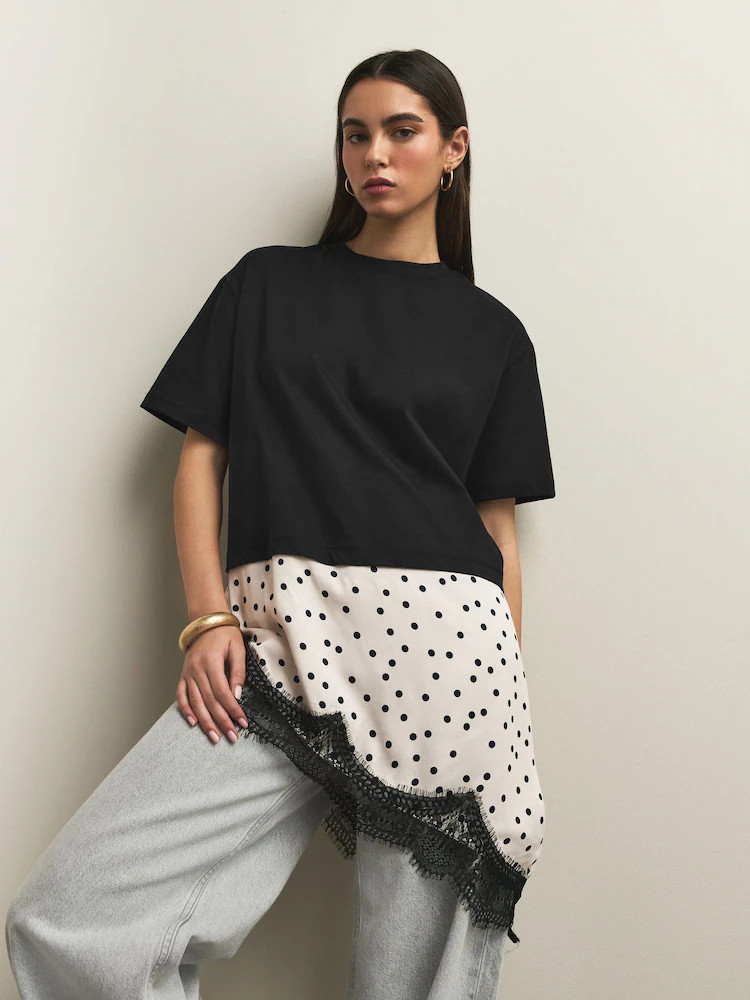 Black Polka Dot Satin Lace Trim Short Sleeve T-Shirt | Next US