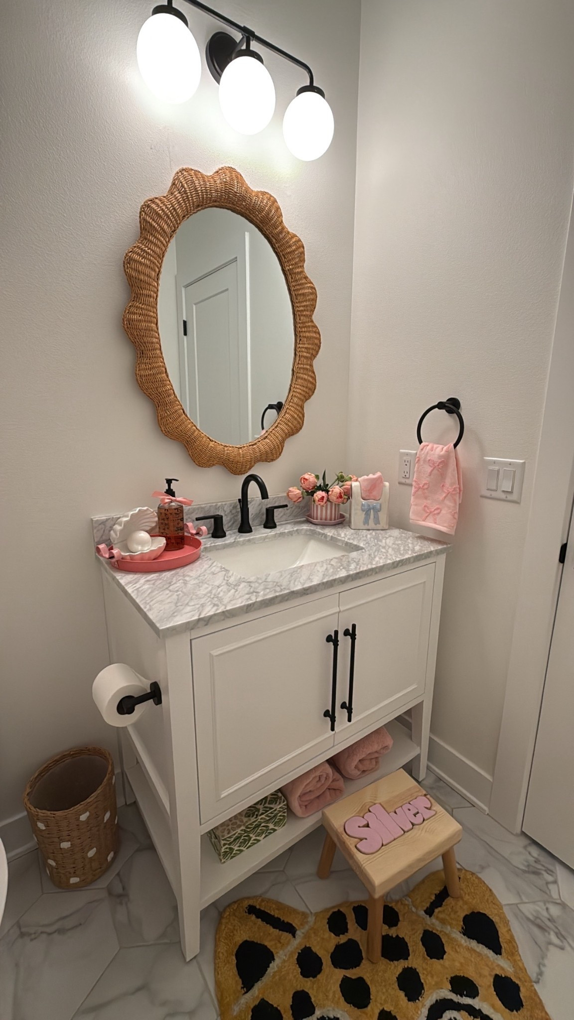 Little girls bathroom decor! Palm beach preppy decor! Wicker woven mirror! 

#LTKBaby #LTKKids #LTKHome