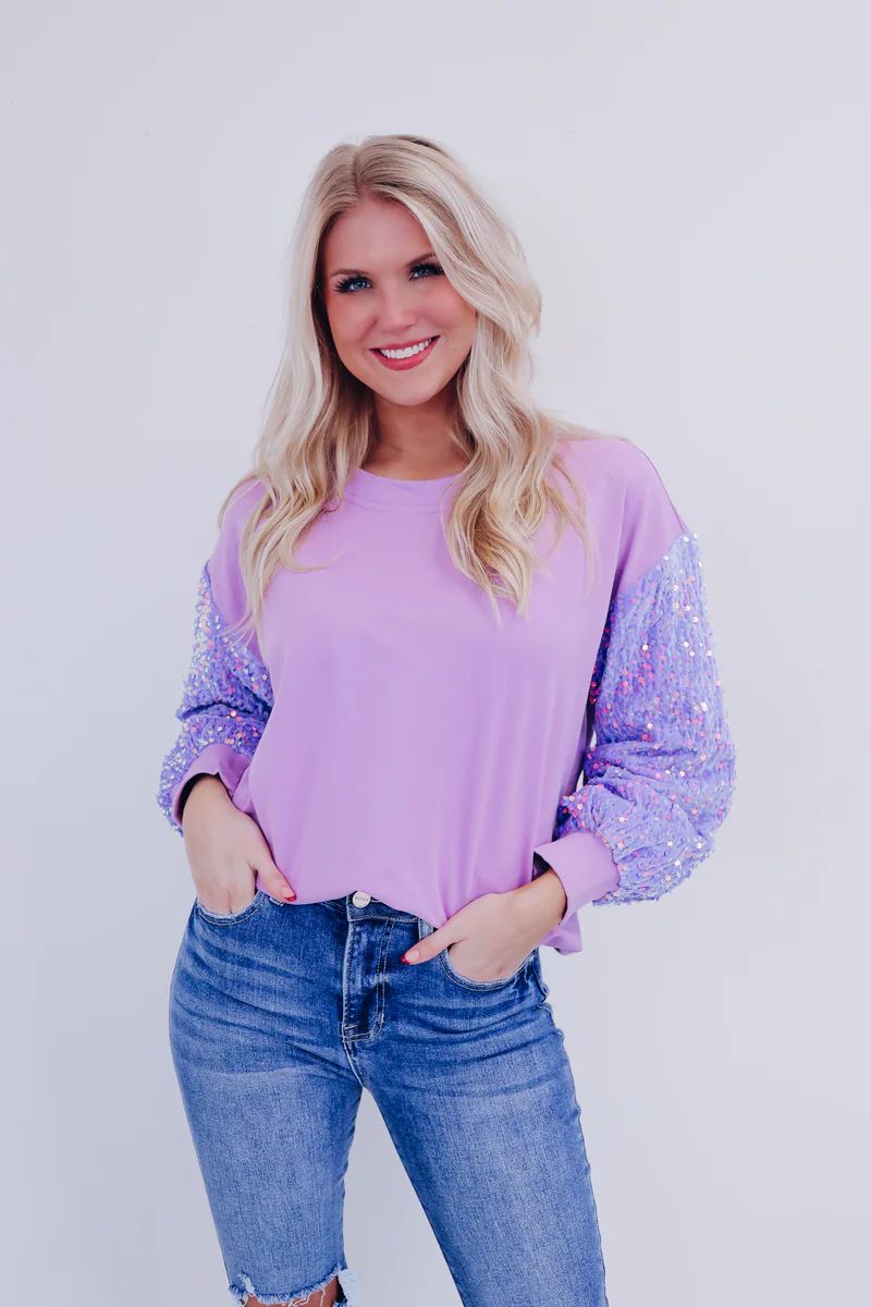 Stellina Sequin Sleeve Sweatshirt - Lavender | Whiskey Darling Boutique
