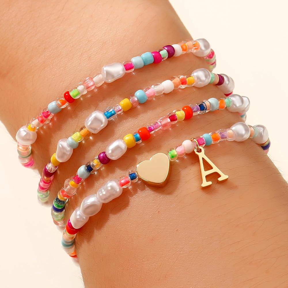 Christmas Gifts for Teen Girls Kids - 4PCS Gold Stretchable Boho Colorful Beaded Pearl Heart Init... | Amazon (US)