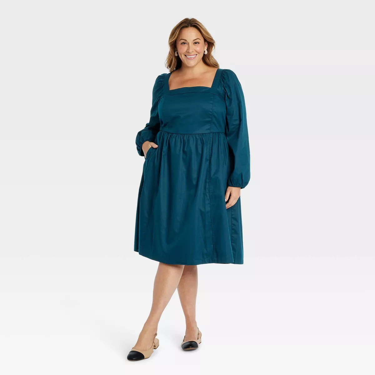Women's Balloon Long Sleeve Woven Midi A-Line Dress - Ava & Viv™ Blue 3X | Target