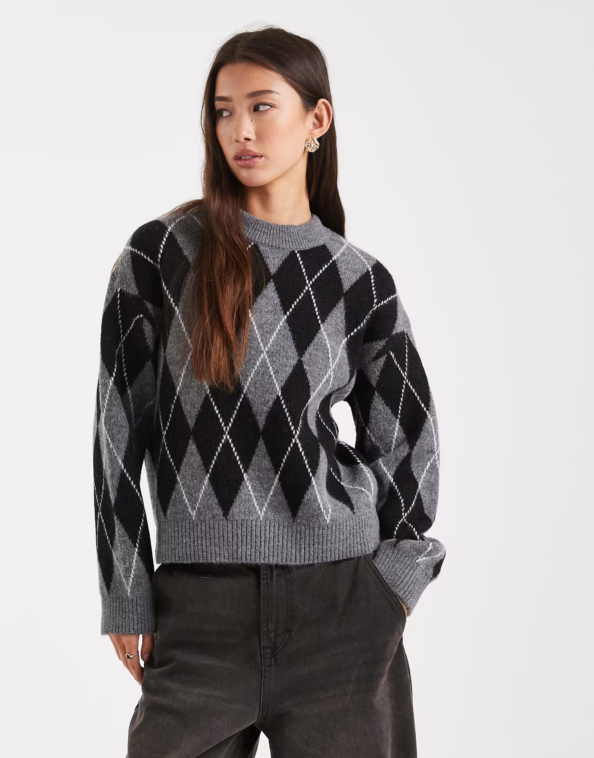 New Look argyle print crew neck jumper in grey | ASOS | ASOS (Global)