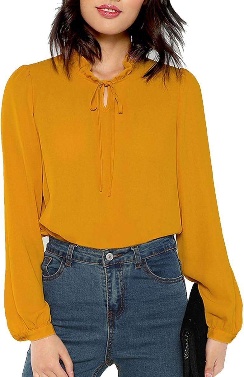 Romwe Women's Solid Print Elegant Bow Tie Neck Long Sleeve Work Office Blouse Top | Amazon (US)