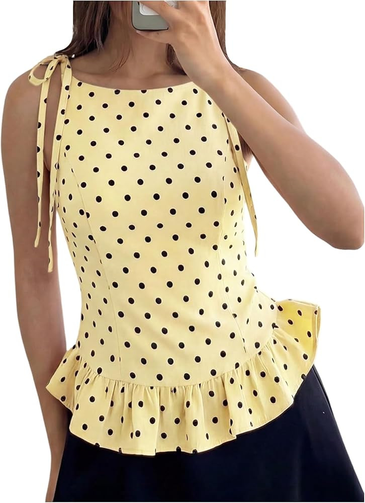 Verdusa Women's Polka Dots Ruffle Peplum Tank Tops Tie Shoulder Going Out Tops Summer Brunch Outf... | Amazon (US)