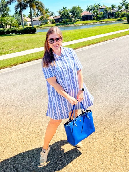 Happy Friday from sunny Florida ☀️ it’s 75 and breezy which is perfect for this cute striped shirt dress from Old Navy. 

It runs tts. I paired it today with some white sneakers but would also be so cute with heels or sandals for work.

Bag is old from Tory Burch, but linked a similar one. Same with the sneakers.

#LTKmidsize #LTKfindsunder50 #LTKworkwear