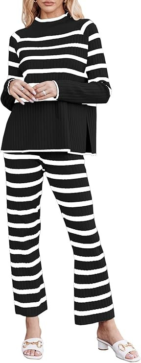 Fazortev Women's 2 piece outfits Oversized Striped Knit Lounge Sets Cozy Pullover Tops Wide Leg P... | Amazon (US)