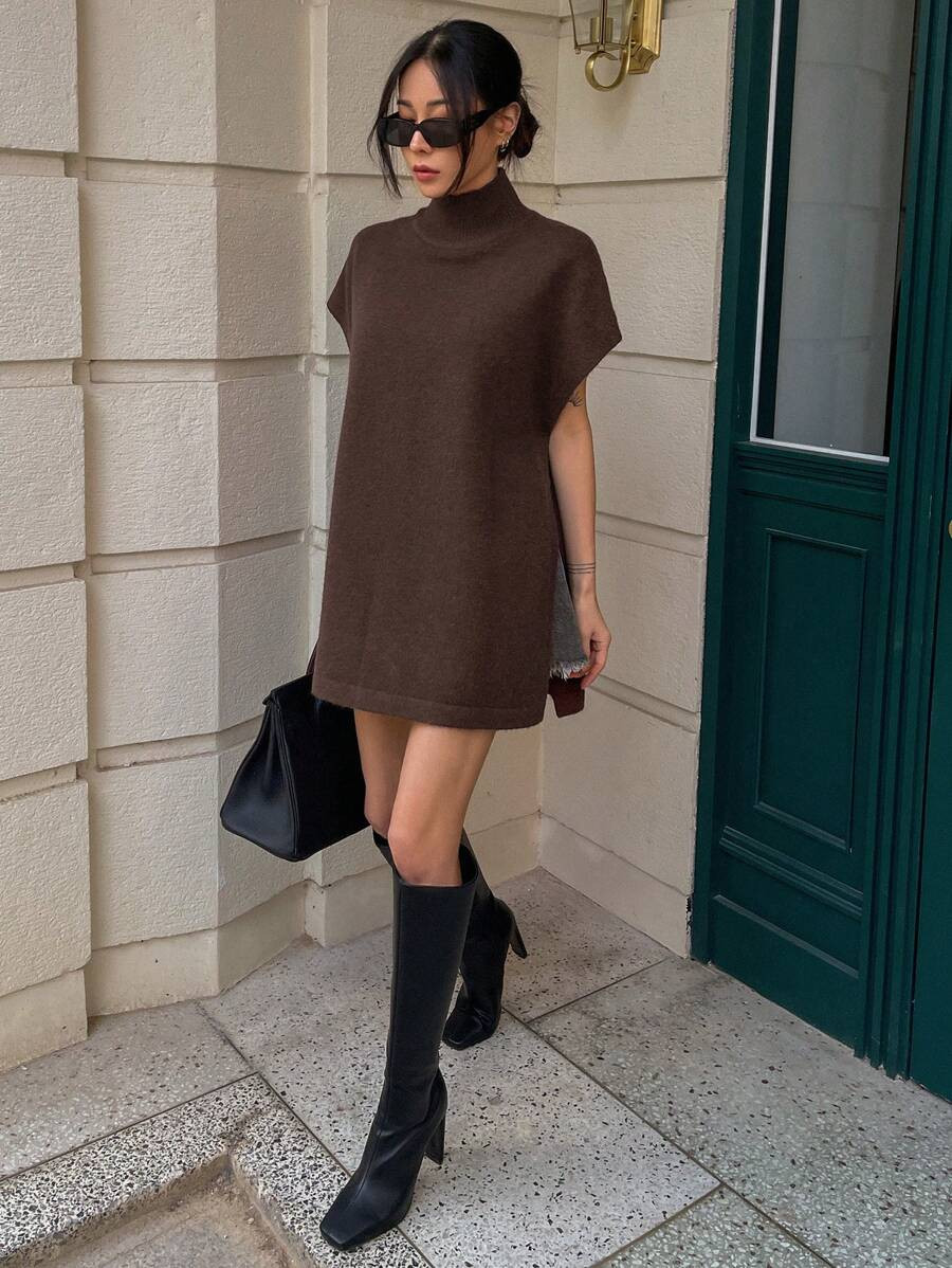 DAZY Women Solid Color Loose High Collar Slit Sleeveless Sweater Vest Fall,Winter | SHEIN