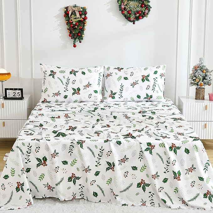 Luxudecor Christmas Sheets Set Queen Size 4 Piece Greens Holiday Mistletoe Poinsettia Fitted Shee... | Amazon (US)