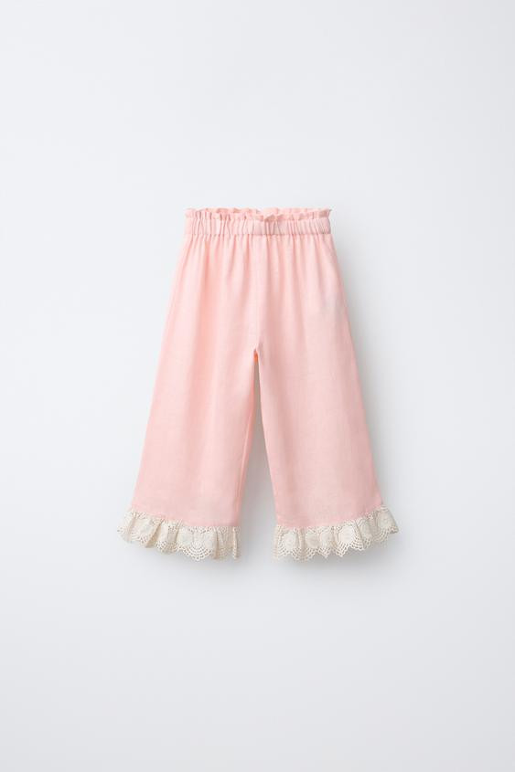 100% LINEN LACE TRIM PANTS | Zara US