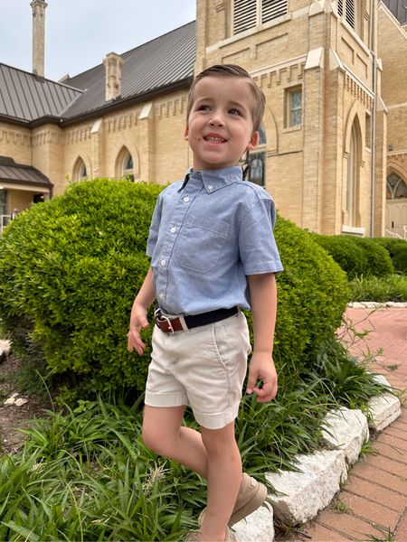 Love this chambray shirt from Walmart! Boys outfit, little boy outfit, little boy shorts, boys shorts, boys belt, church outfit, kids church outfit, preppy boy outfit, kids summer outfit. Callie Glass @glassalwaysfull 

#LTKkids #LTKfamily #LTKSeasonal