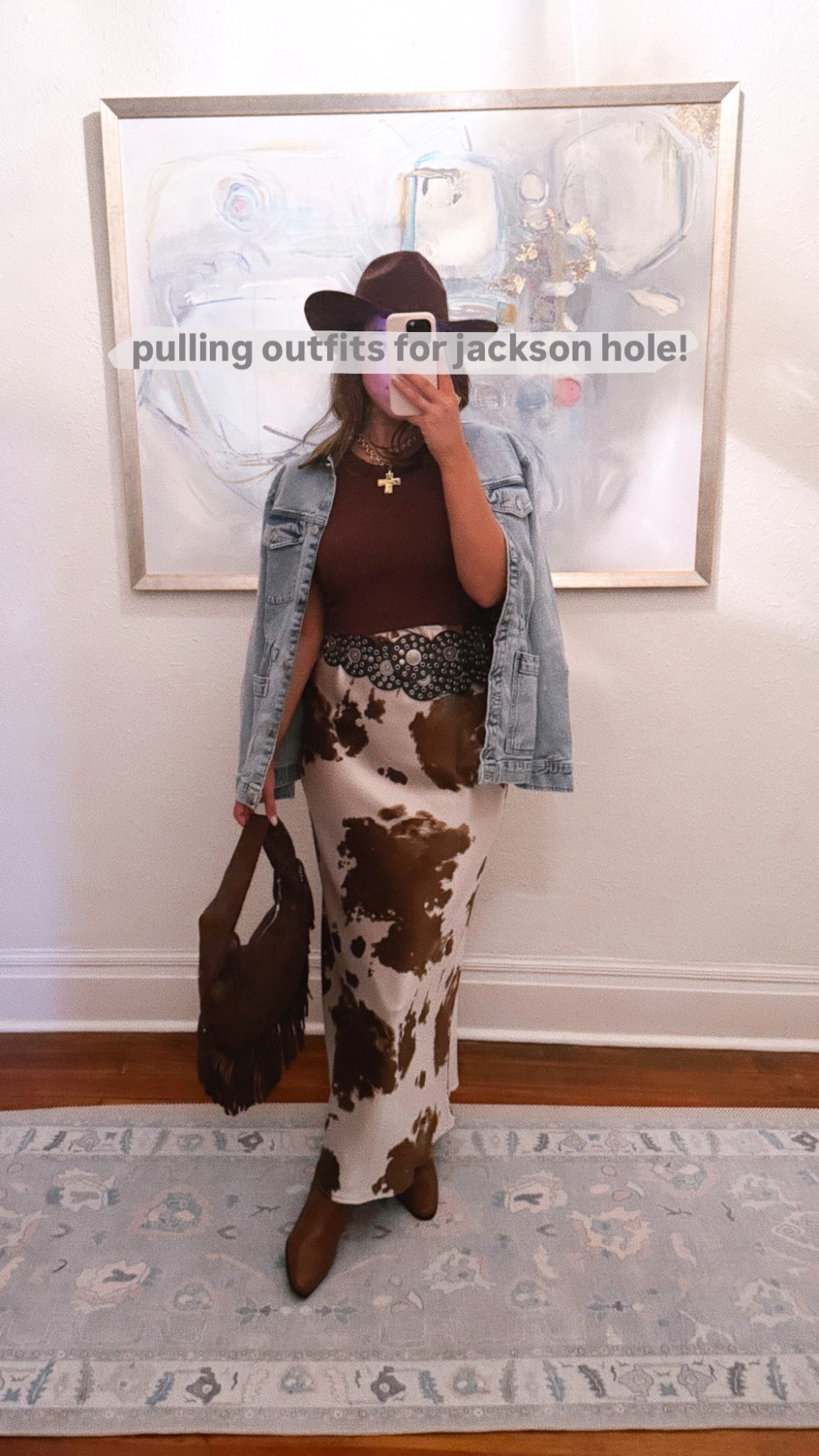 Packing my Jackson Hole outfits! Love this western outfit inspo. Cow print skirt, fringe purse, denim jacket, cowboy hat

#LTKFindsUnder100 #LTKTravel