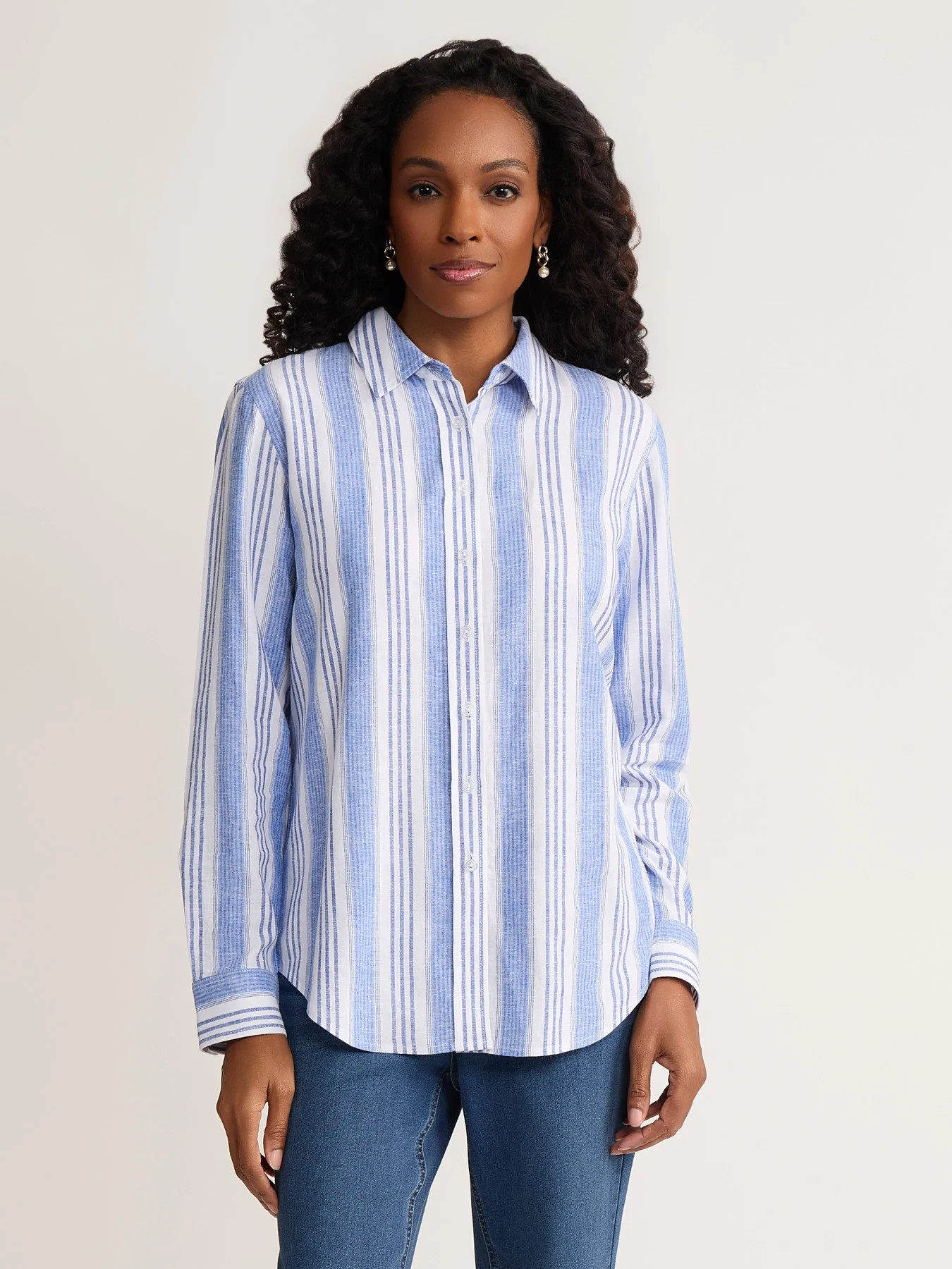 Striped Button-Up Shirt, Linen | Jones New York