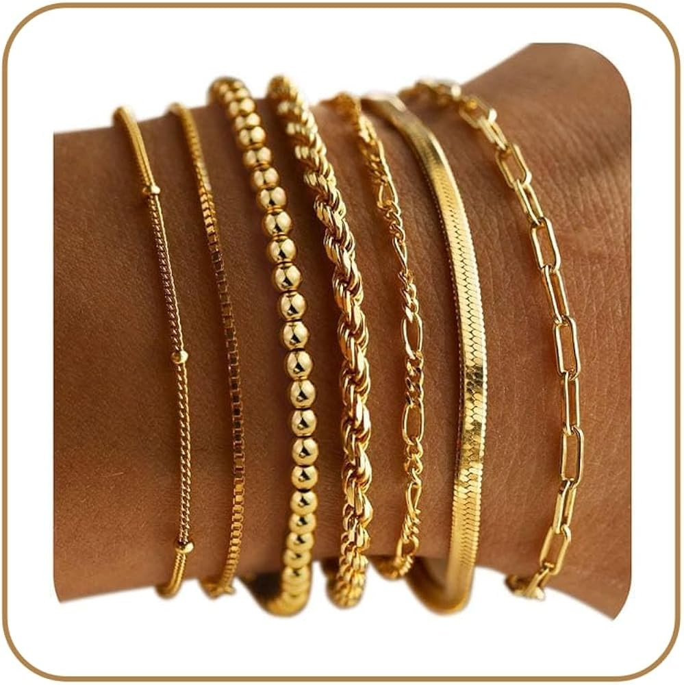 M MOOHAM 7PCS Gold Bracelets for Women - 14K Real Gold Plated Beaded Bracelets Set Rope Paperclip... | Amazon (US)