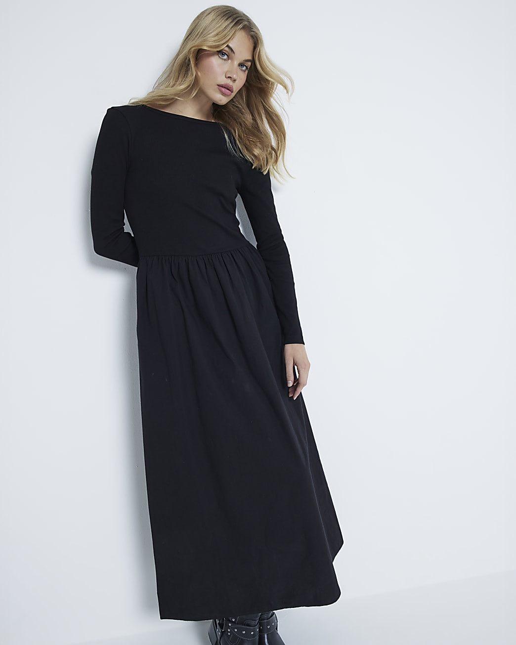River Island Womens Black Poplin Long Sleeve Midi Dress | River Island (UK & IE)