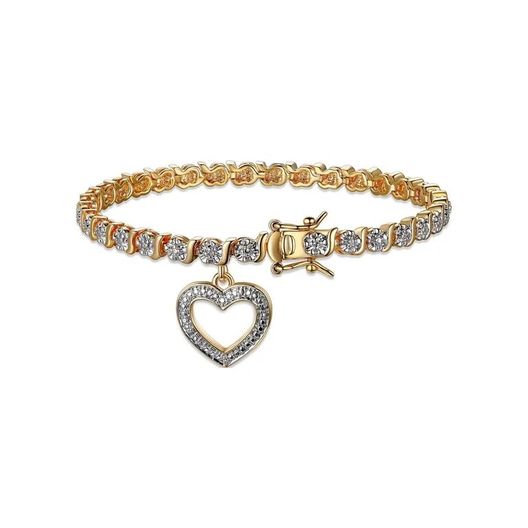 Forever Facets Diamond Accent Open Heart Charm 18K Yellow Gold Plated 7.25" Tennis Bracelet, Adul... | Walmart (US)