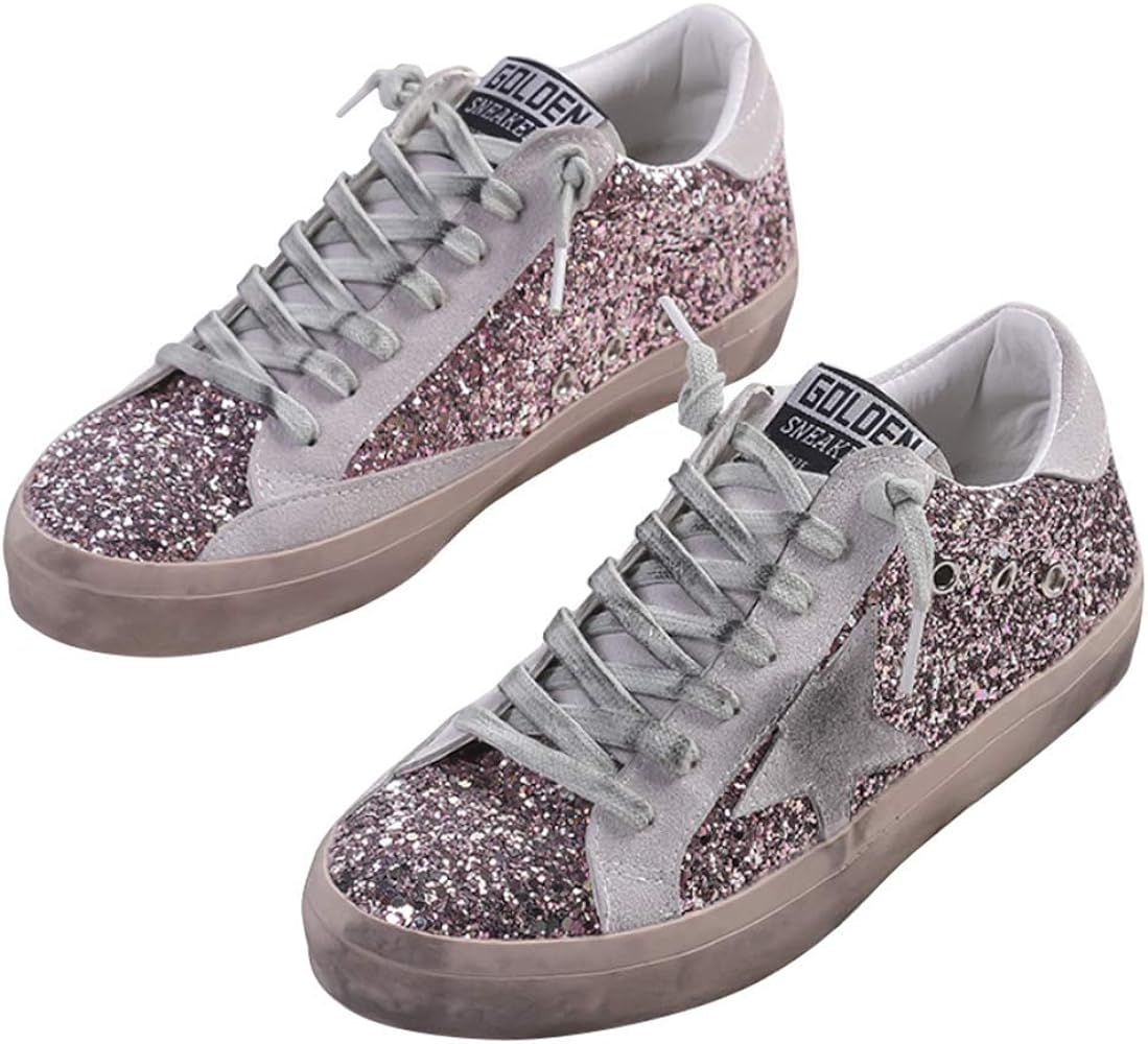 COSKING Women’s Glitter Sneakers Low Top Lace up Fashion Star Patch Flat Shoes | Amazon (US)