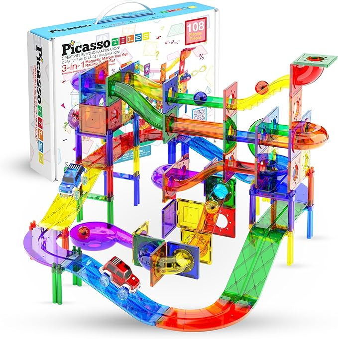 PicassoTiles 108pc Magnetic Marble Run Set with Building Tiles Race Track Car Slides Set STEM Lea... | Amazon (US)