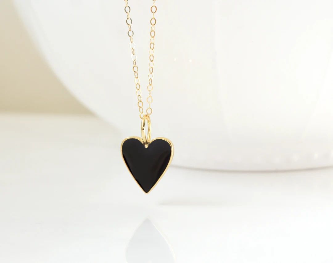 Black Enamel and Gold Heart Necklace, Heart Necklace, Heart Necklace, I Love You, Layering Neckla... | Etsy (US)
