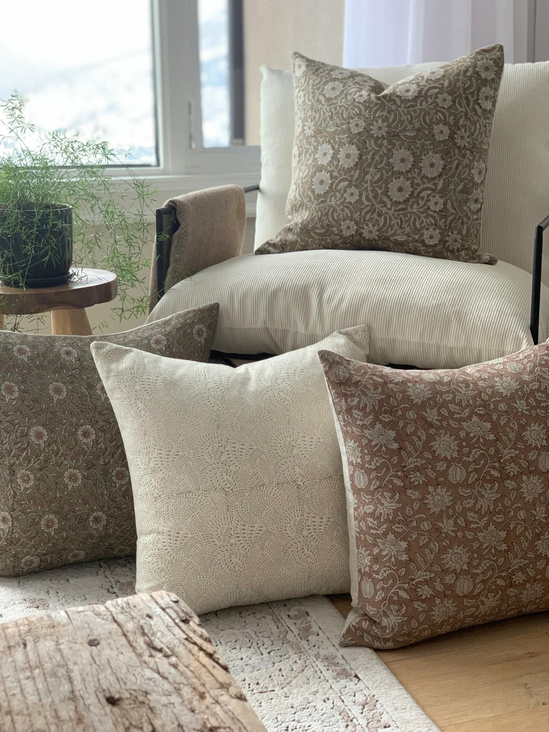 Designer Soft White Linen Pillow Cover, Ivory and Tan Hand Block Cushion Cover, Neutral Modern Fa... | Etsy (US)