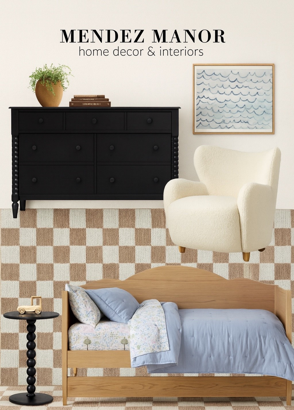 Boys room with wood daybed and black dresser. Beige and white checkered area rug and my favorite Jodi Winged Side Chair. 

#bedroom #arearug #homedecor 

#LTKKids #LTKHome #LTKmomlife