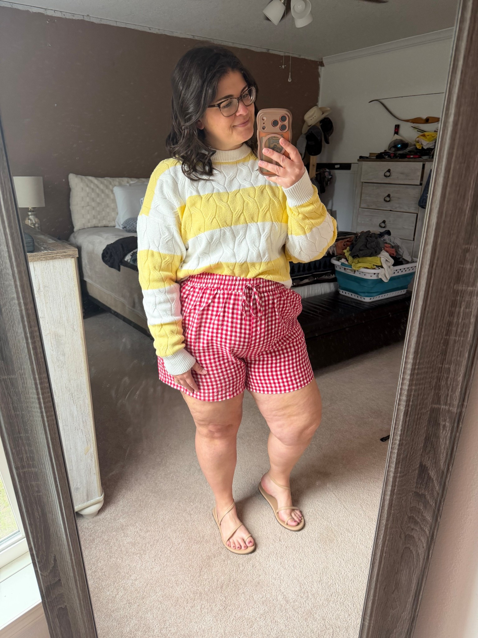 Just a little weenie with my ketchup and mustard on 😝 
All jokes aside this is a really cute fit. The sweater and the red gingham shorts scream spring and when it gets hot enough swap the sweater for a different style top. I’ve linked similar color tops just in case too!

#LTKootd #LTKMidsize