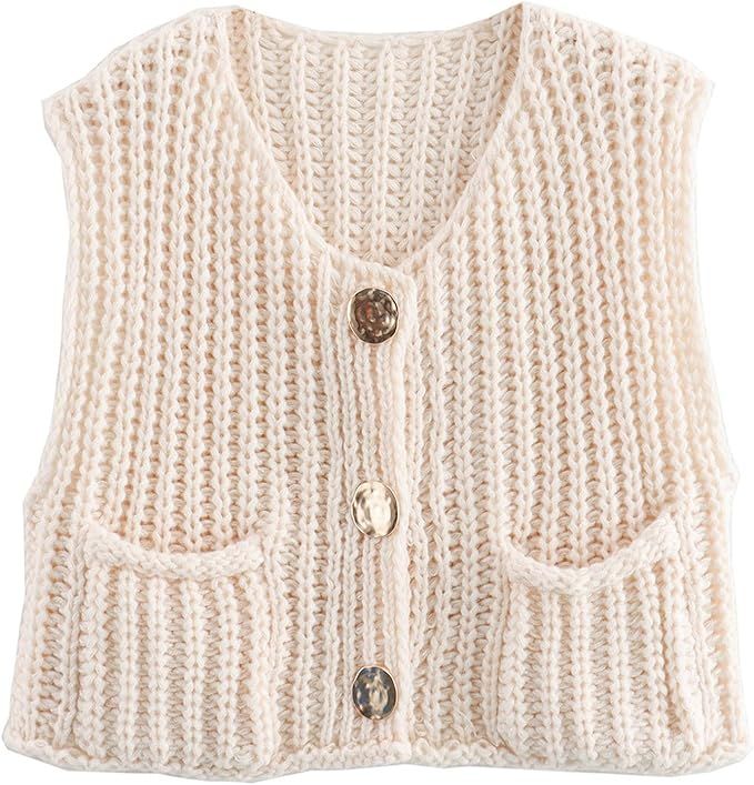 Womens Sleeveless Crop Knit Cardigan Casual Button Down Cropped Knitted Sweater Vest with Pockets | Amazon (US)