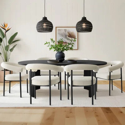79'' Oval Black Dining Table With 6 Beige Upholstered Dining Chairs, Modern Dining Room Set | Wayfair North America