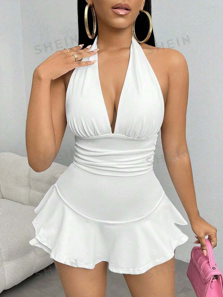 SHEIN SXY Ruched Ruffle Hem Backless Halter Neck Romper | SHEIN