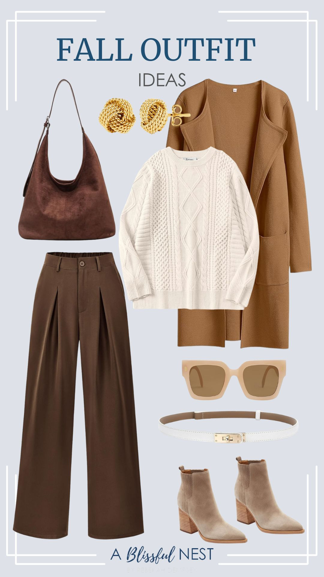 These chic fall looks are made for crisp autumn days. Get the look.

oversized square sunglasses, adjustable thin belts, silver love knot stud earrings, nude ankle boots, brown suede purse, caramel cardigan sweater, apricot oversized crewneck sweater, coffee high waist palazzo pants 

 #LTKootd #LTKSeasonal #LTKMidsize