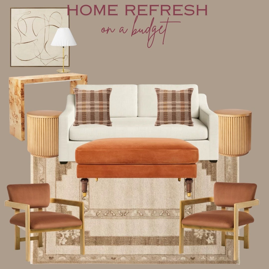 Fall home decor. Home decor on a budget. White sofa. Upholstered coffee table ottoman. Mid century decor. Burl wood console. Target home. Area rug. Neutral decor. Throw pillows. Side table. Lamps. Wall art. Canvas  

#LTKSeasonal #LTKHome