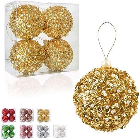 ZHANYIGY 4.25" Christmas Ball Ornaments, 4pc Set Gold Shatterproof Christmas Decorations Tree Balls  | Amazon (US)