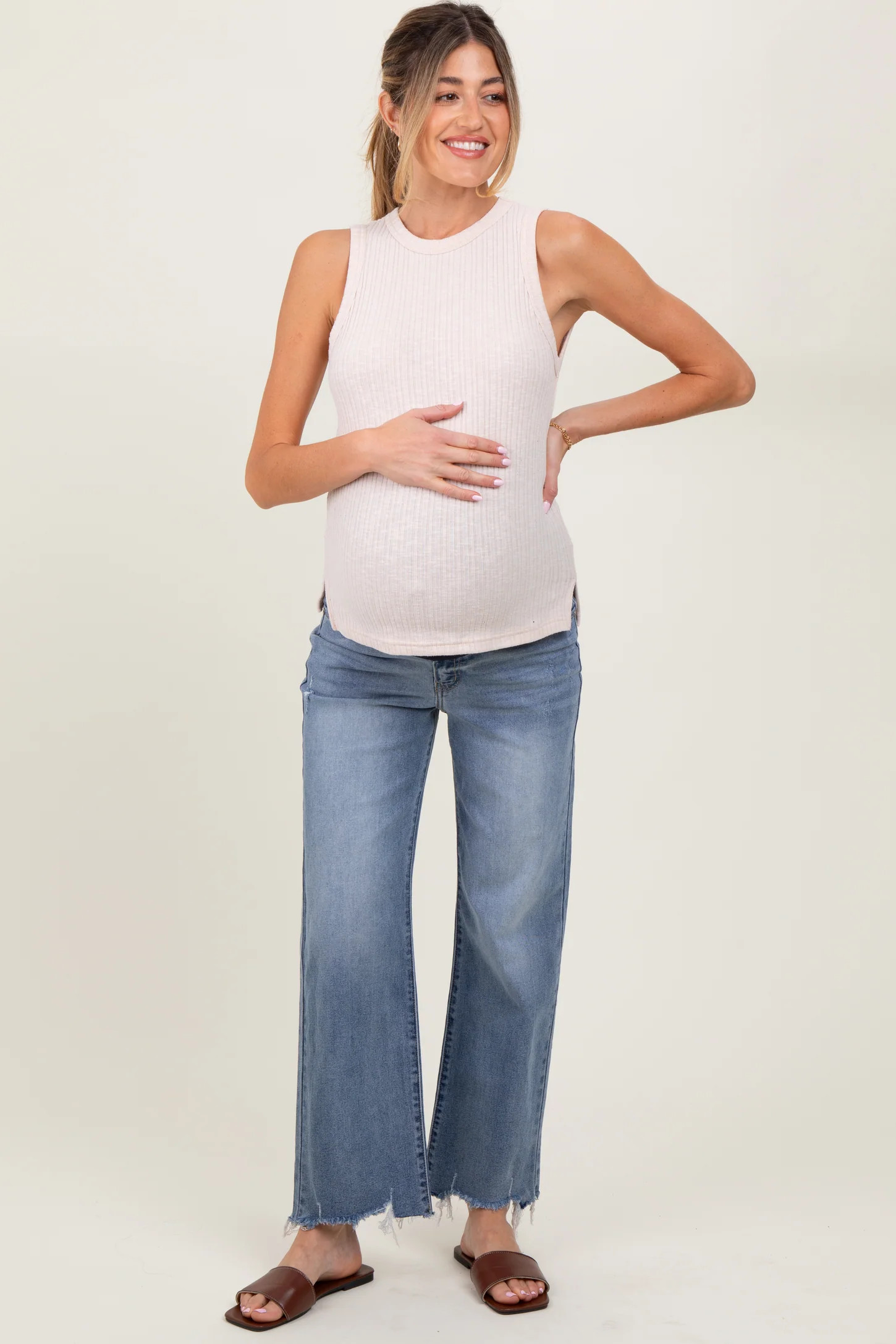 Light Blue Fringe Hem Maternity Wide Leg Jeans | PinkBlush Maternity