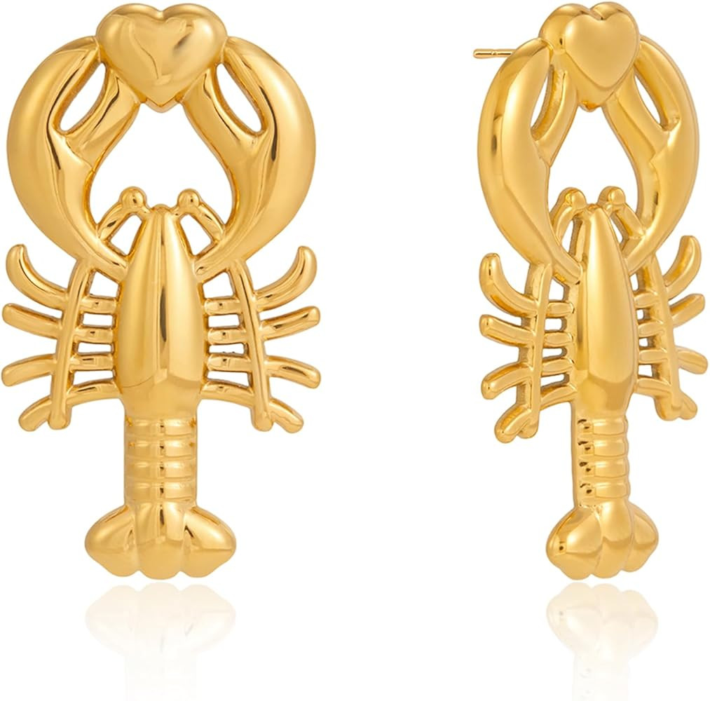 Jinmora Lobster Stud Earrings for Women 14K Gold Plated Stainless Steel Cute Heart Claw Ocean Ani... | Amazon (US)