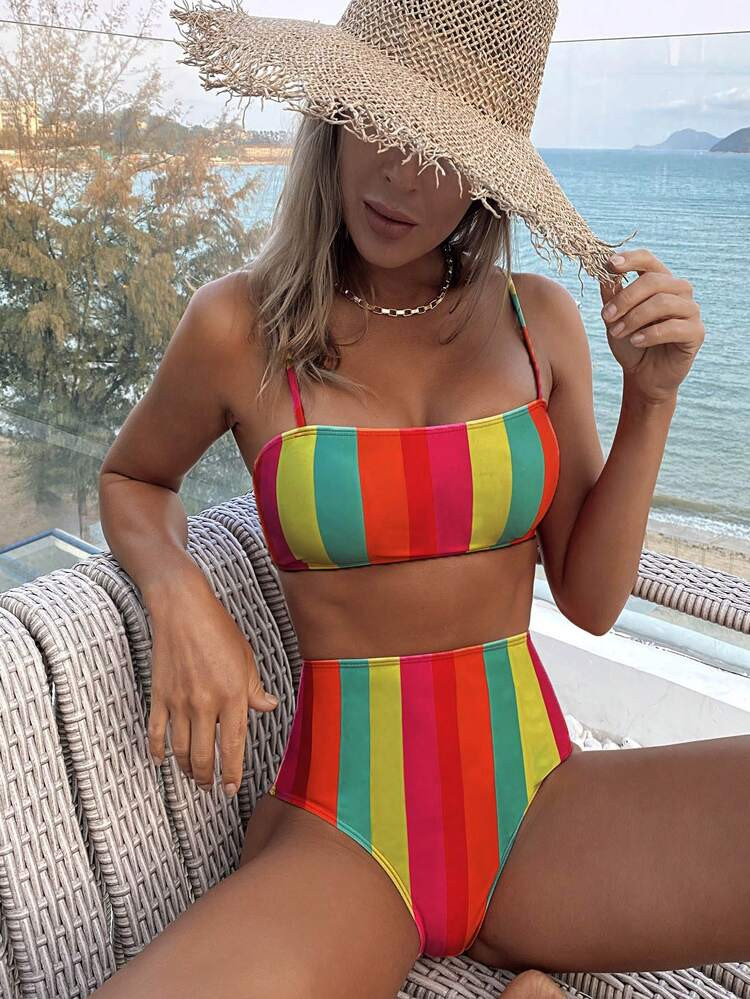 Swim Vcay Summer Beach Rainbow Striped Bikini Set Cami Bra & High Waisted Bottom 2 Piece Bathing Suit | SHEIN