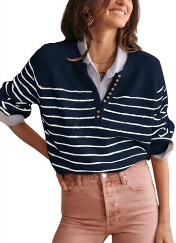 Hongsui Women's Color Block Striped Sweaters Button Up Crewneck Pullover Ribbed Knit Sweater Tops | Amazon (US)