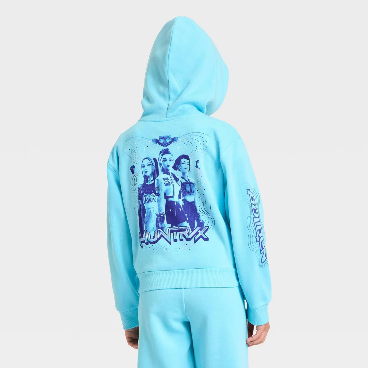 Girls' KPop Demon Hunters Huntrix Golden Hooded Front and Back Graphic Pullover Sweatshirt - Blue | Target