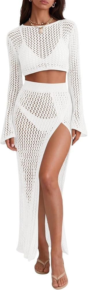 Saodimallsu Womens Crochet Beach Cover Ups Set 2 Piece 2026 Boat Neck Crop Long Sleeve Tops High ... | Amazon (US)