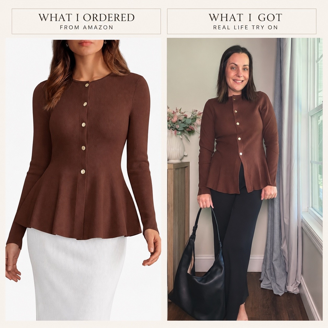 Amazon fall workwear 🤎 This chocolate brown cardigan is such a good office find! I love the flattering peplum shape and gold button detail paired with classic black wide-leg pants. An easy business casual outfit that feels polished without being too dressy. Linking the full Amazon work outfit!

#LTKSaleAlert #LTKSeasonal #LTKootd