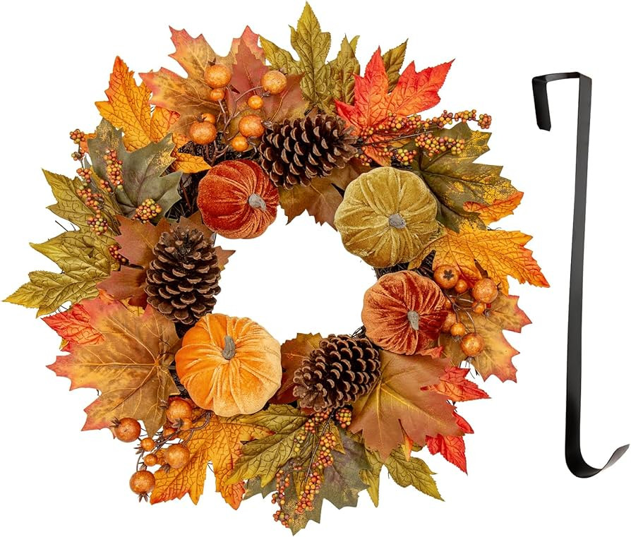 Fall Wreaths for Front Door 16'' Autumn Velvet Pumpkin Wreath with Metal Hook Harvest Maple Wreat... | Amazon (US)
