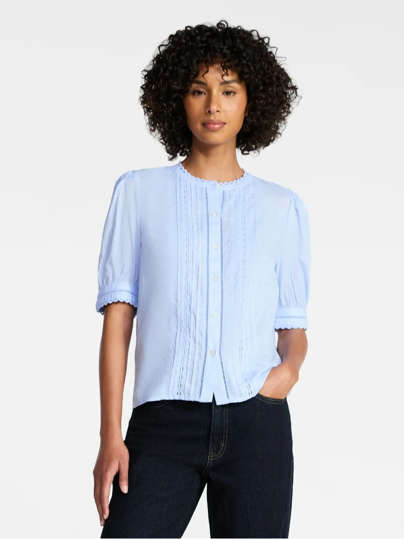 Time and Tru Women's and Women's Plus Cotton Lace Inset Blouse with Elbow Length Sleeves, Sizes X... | Walmart (US)