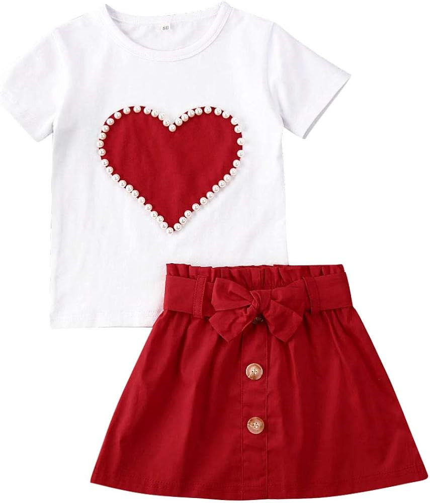 Toddler Kid Baby Girl Valentine's Day Outfits Heart Print Pullover Top Skirt 2Piece Little Valent... | Amazon (US)