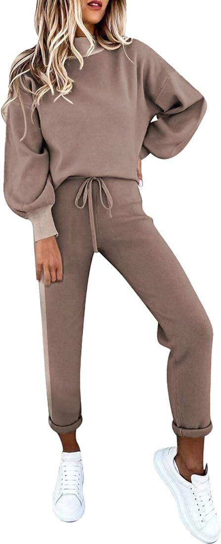 Cutiefox Women's 2 Piece Sweatsuit Outfits Lantern Sleeve Pullover Tops and High Waist Jogger Pants  | Amazon (US)