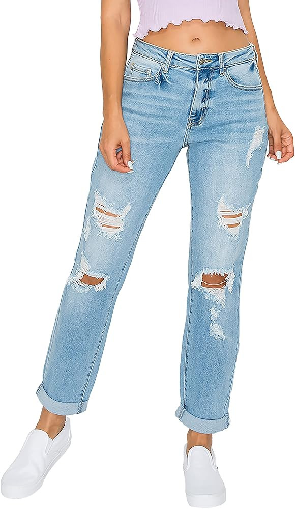 Women's Boyfriend Jeans with Destructed Blown Knee and Rolled Cuff | Amazon (US)