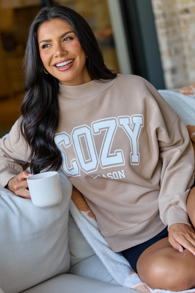Cozy Season Taupe Graphic Mock Neck Sweatshirt | Pink Lily