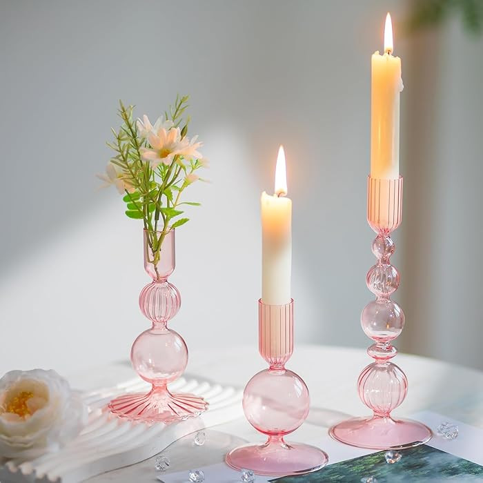 Hewory Glass Candlestick Holders Set: 3PCS Pink Candle Holder Taper Candle Holders Bulk, Crystal ... | Amazon (US)