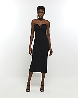 Black plunge bandeau bodycon midi dress | River Island (US)