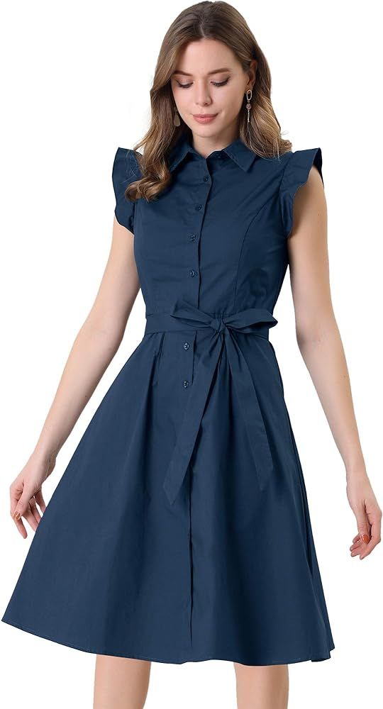 Allegra K Women's Work Office Shirt Dress Ruffled Sleeve Belted Cotton Button Down Midi Dress | Amazon (US)