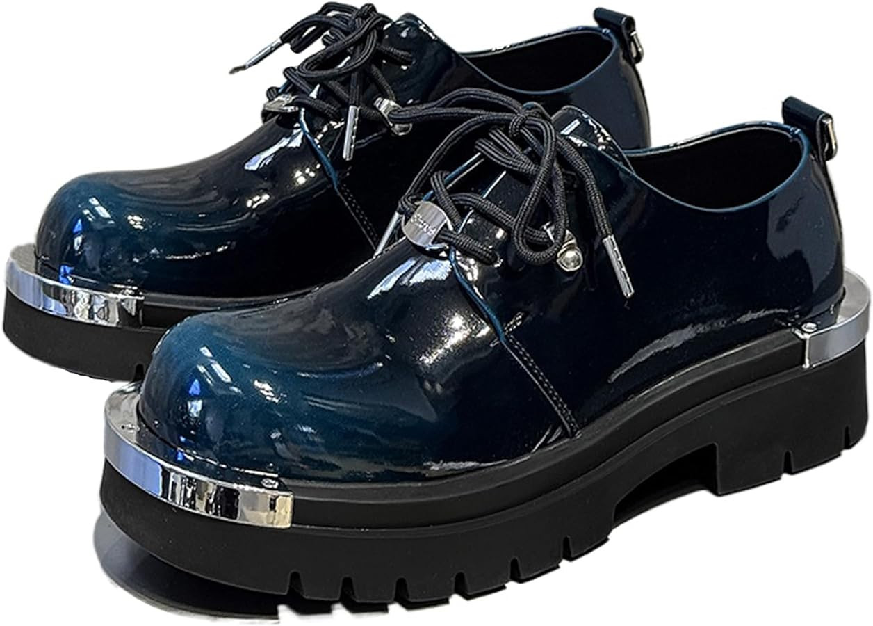 Men's Patent Leather Gradient Metal-Plate Platform Oxfords Wide Round Toe Lace Up Non Slip Lug So... | Amazon (US)