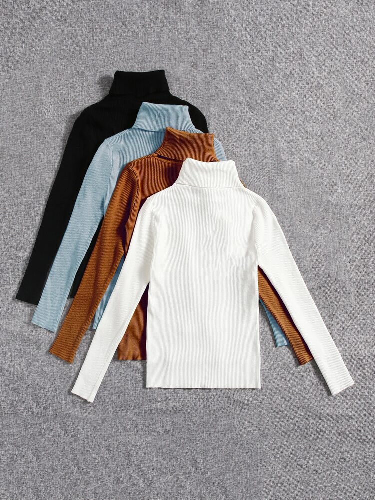 4pcs Solid Turtleneck Ribbed Knit Sweater | SHEIN