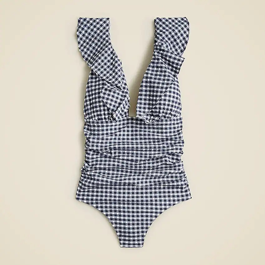 Long-torso ruffle V-neck ruched one-piece swimsuit in classic gingham | J. Crew US